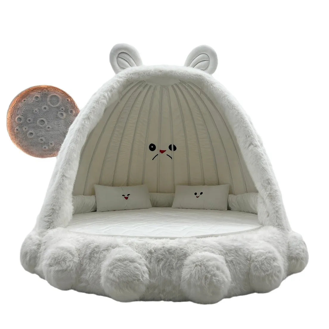 Detailed view of the oversized bed showing its scale and comfort