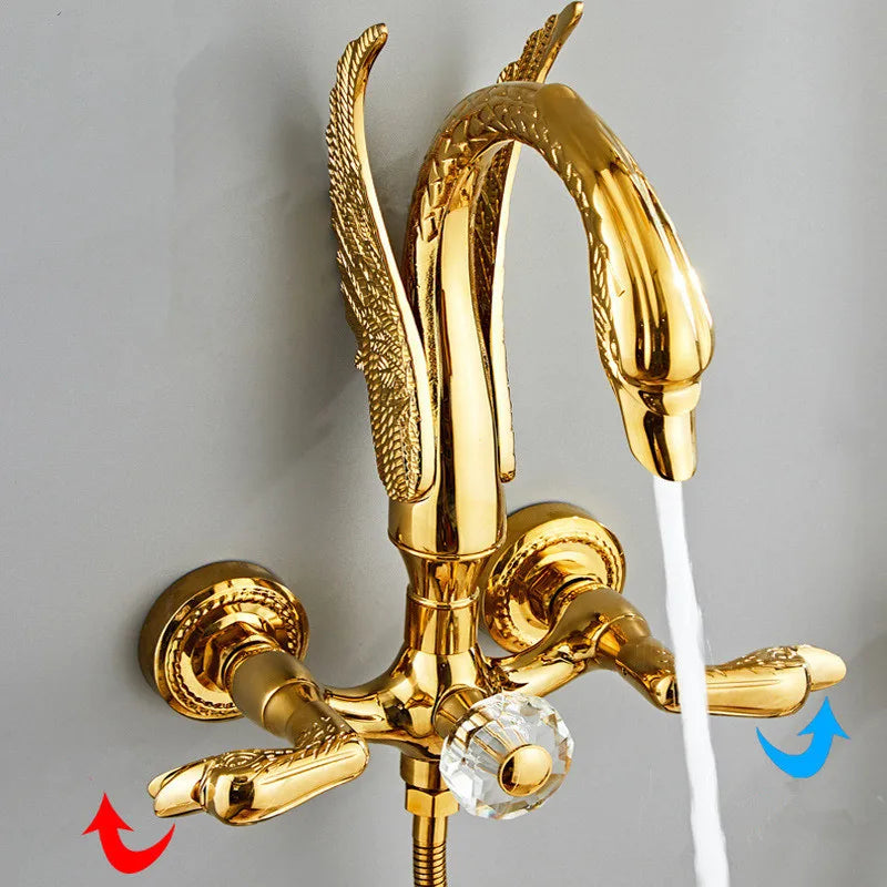 Detailed view of the swan shower head and handle