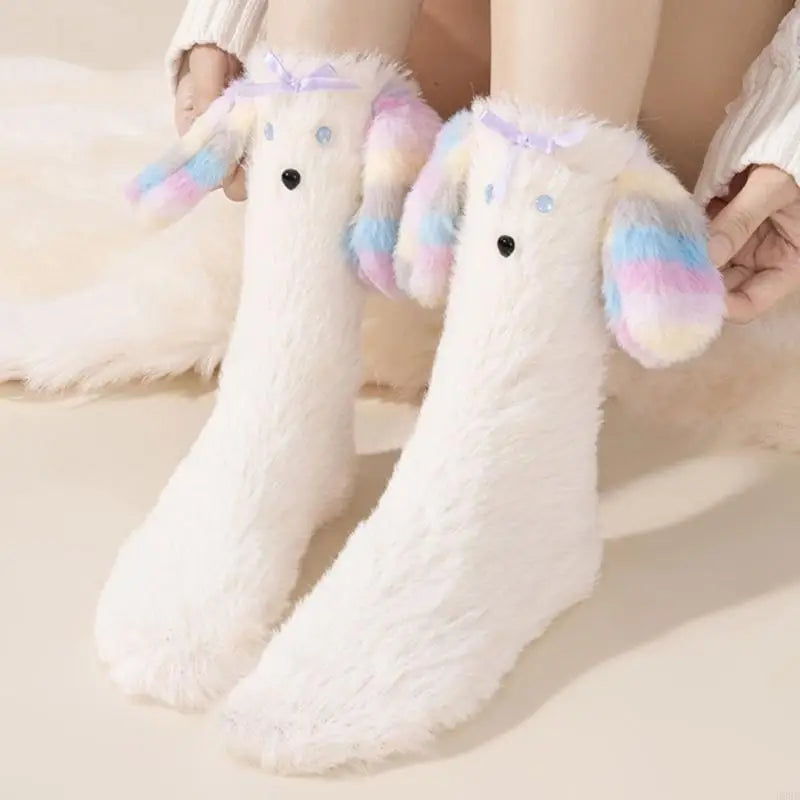 Close-up on the cute puppy ear design of the fuzzy warm socks