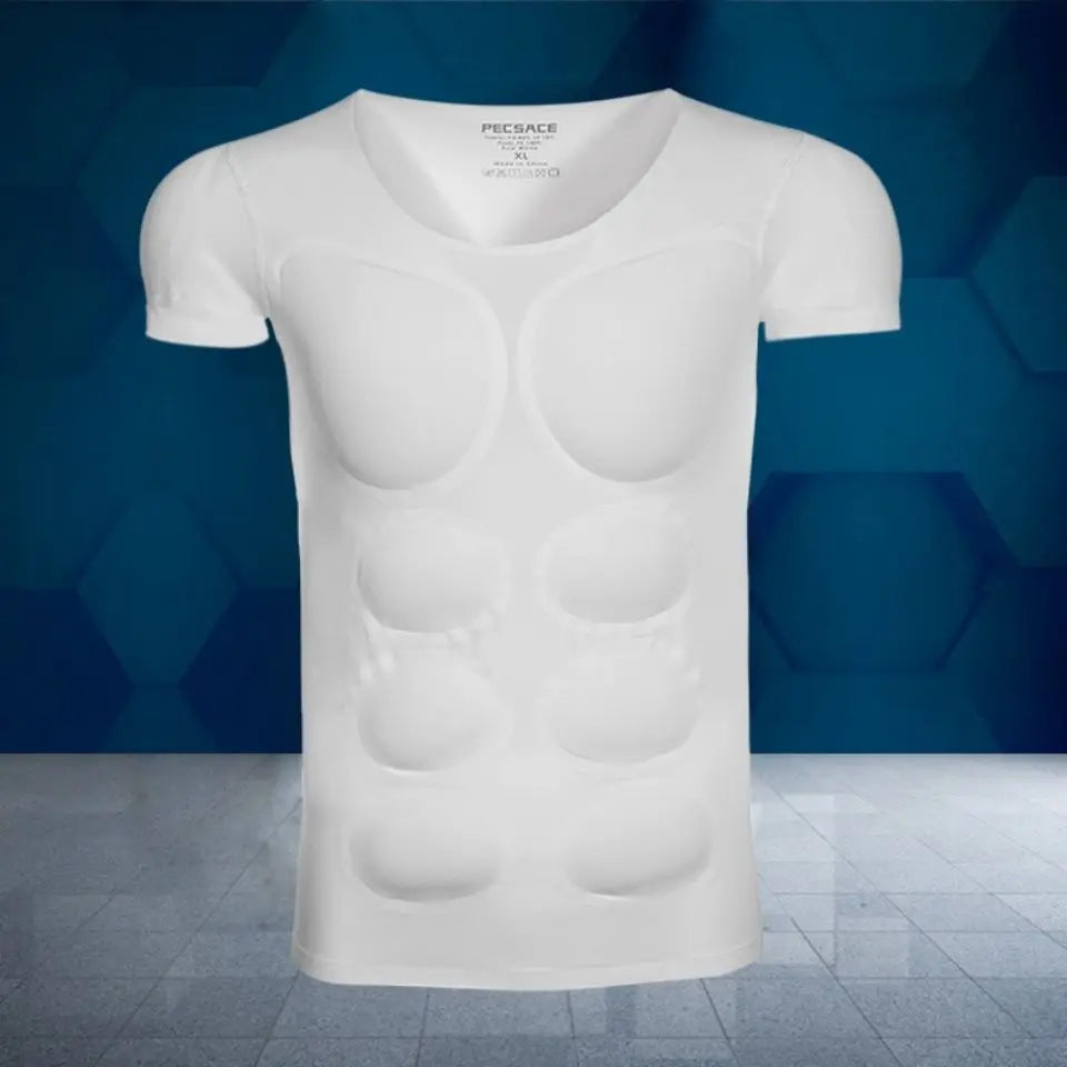 Man wearing the Ultimate Abs Muscle Enhancer Invisible Undershirt under a shirt