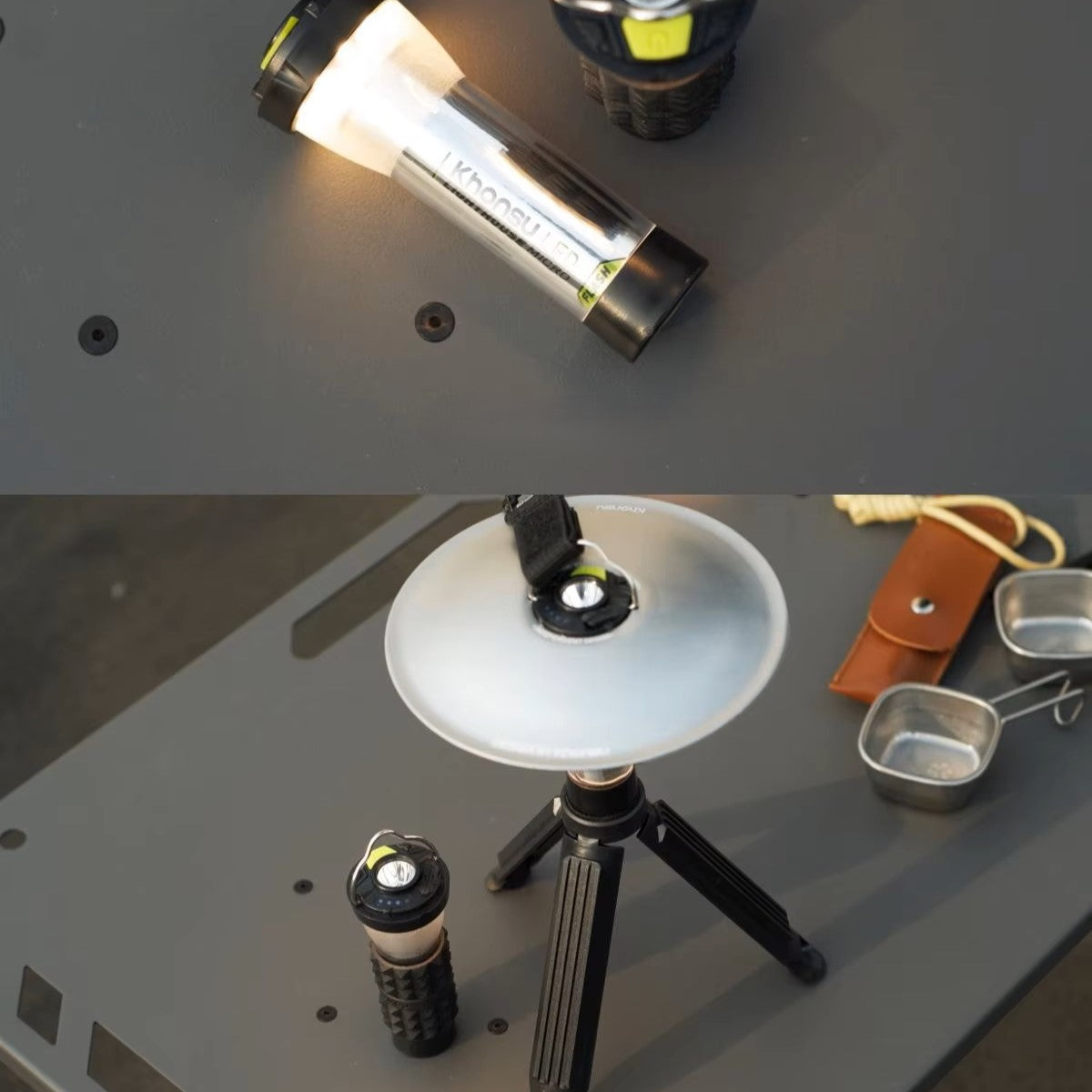 Full kit of the Glow Zero Mini Camping Lantern with tripod, lampshade, and hook