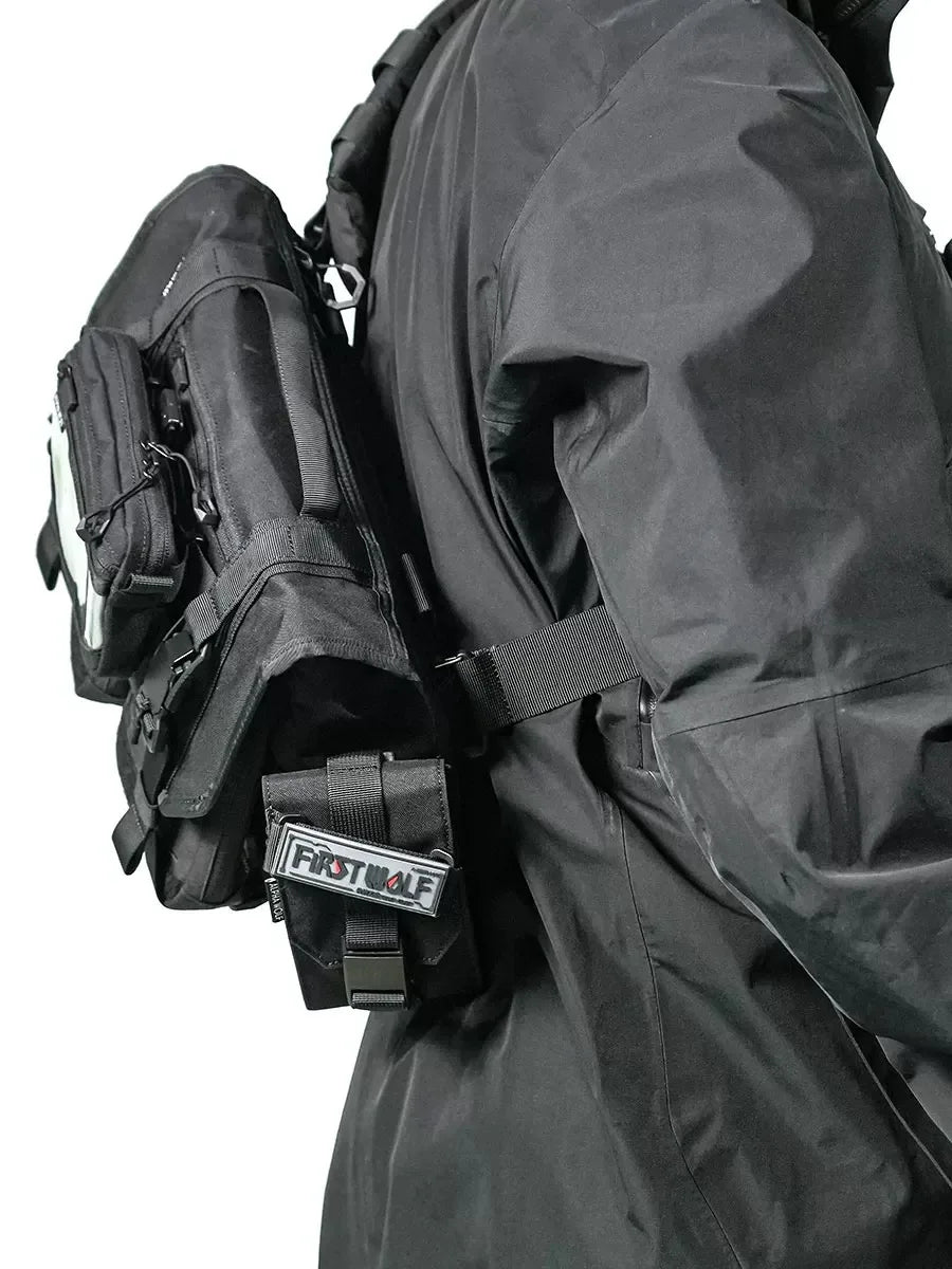 A man using the chest phone carrier while commuting