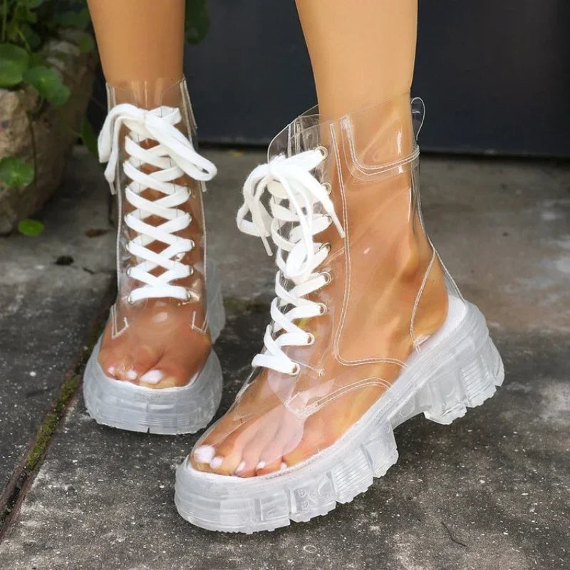 A creative outfit styled with the Crystal Clear Platform Rain Boots