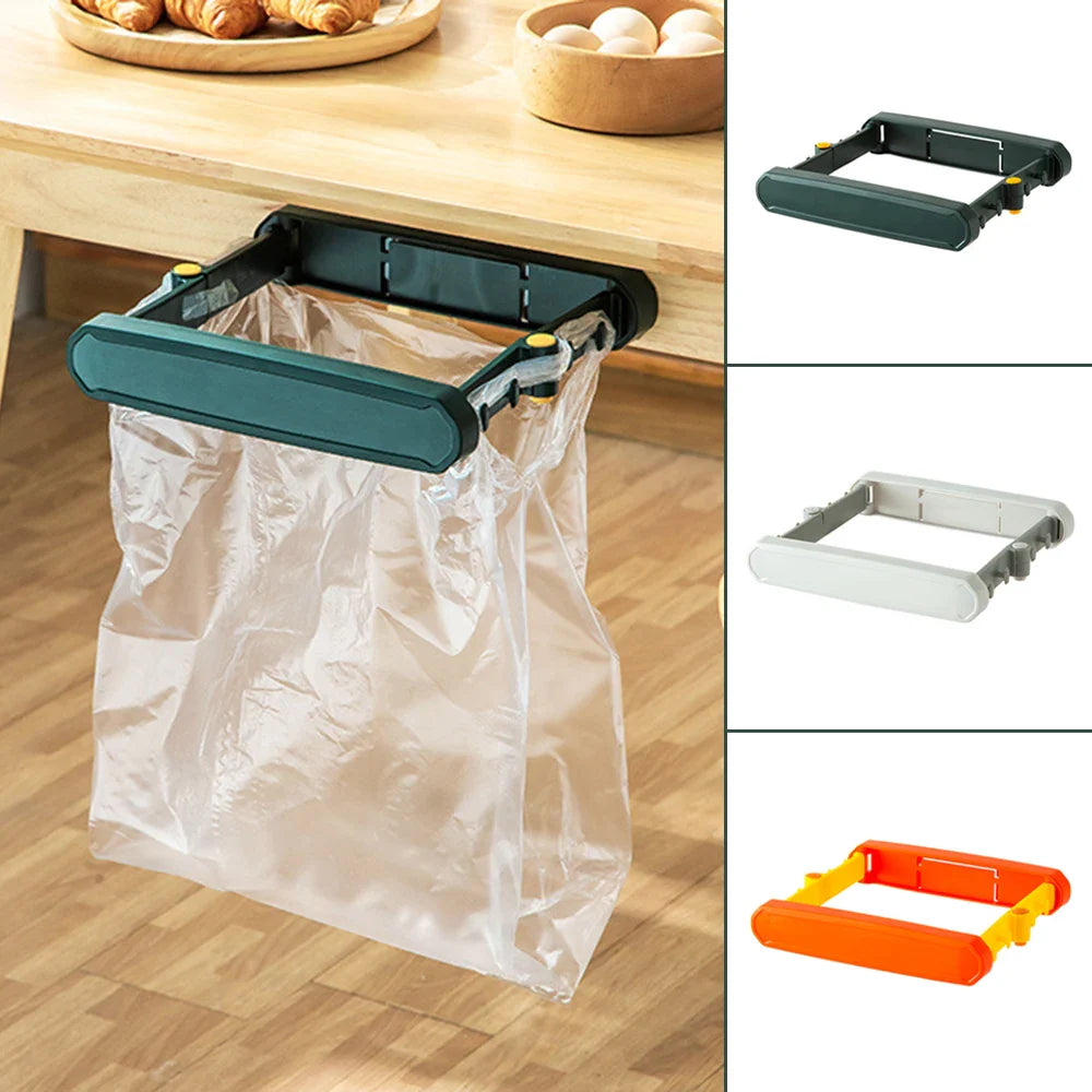 Using the clip-on trash bag to scrape vegetable peels from a cutting board