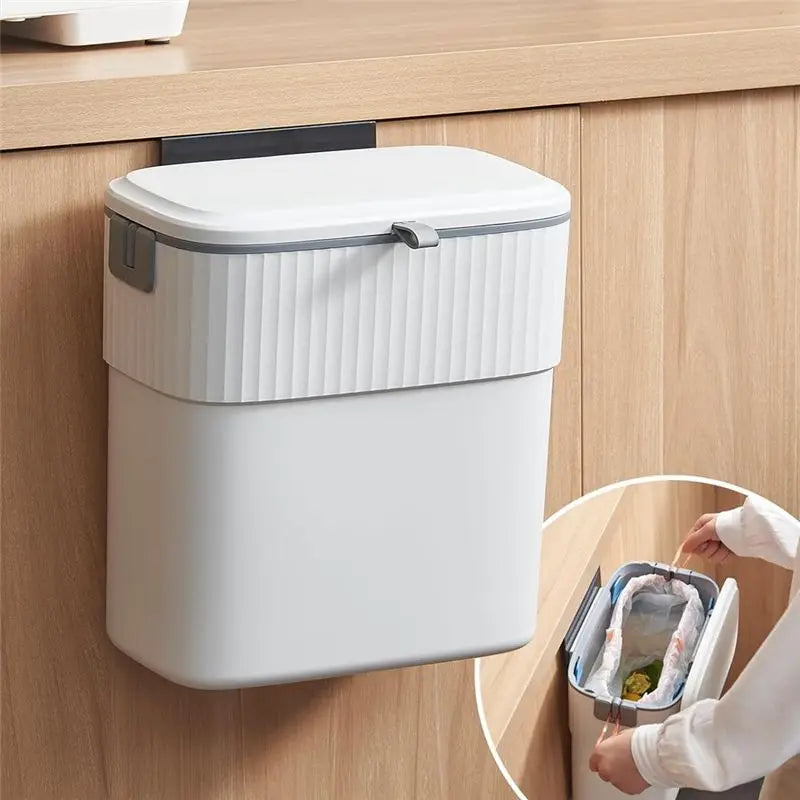 Versatile hanging trash can shown in a bathroom setting