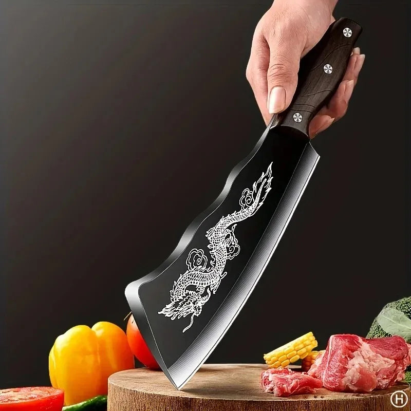 The Dragon Edge Engraved Knife displayed on a wooden block