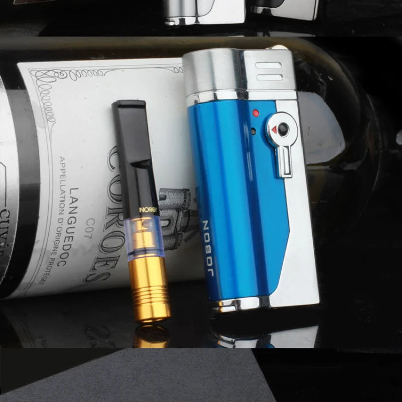 A close-up of the intense, windproof blue flame of the tactical jet lighter
