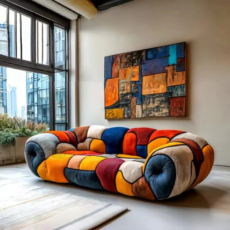 Colorful Mosaic Patchwork Curved Velvet Lounge Sofa as a statement piece in a modern living room