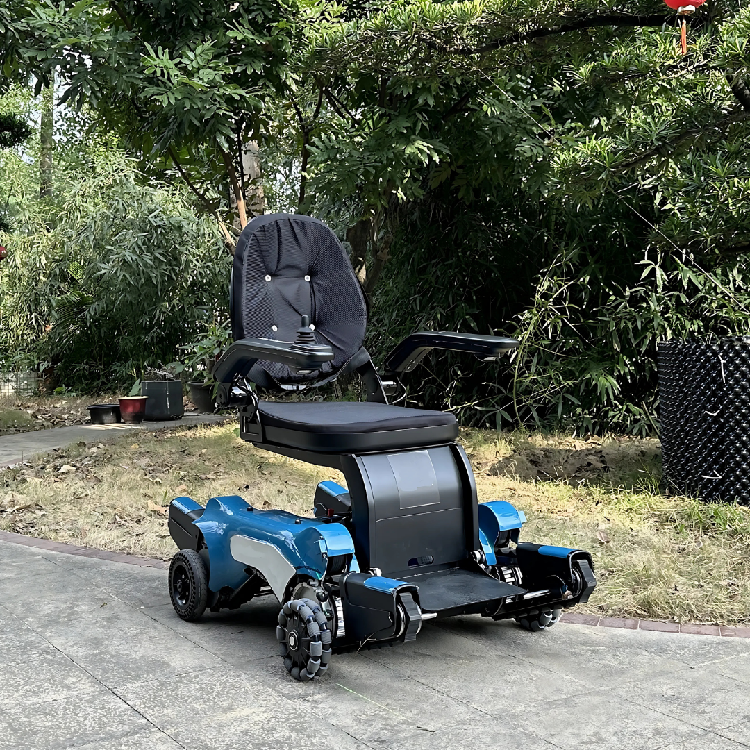 Close-up of the stair-climbing mechanism on the electric wheelchair