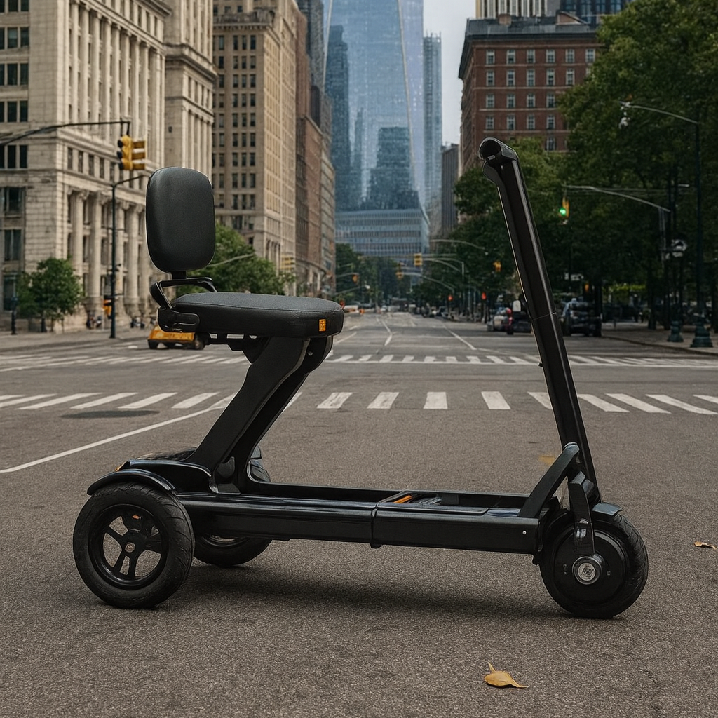 Elderly person joyfully riding the foldable electric mobility scooter outdoors