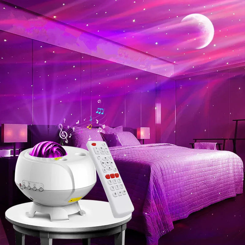 Galaxy projector lighting up a kid's bedroom ceiling