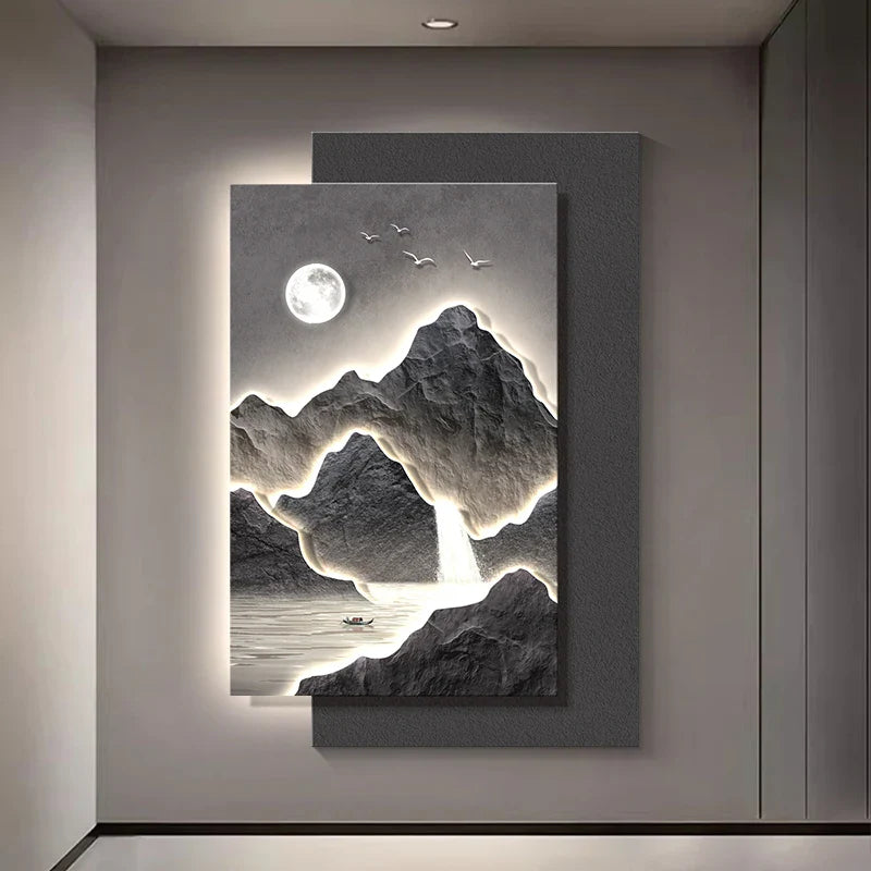 A person admiring the ambient light from the wall art in their bedroom