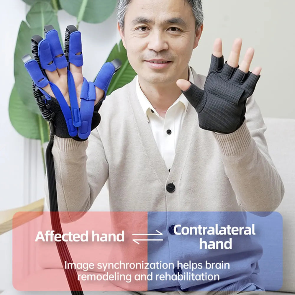User operating the control panel of the hand exercise robot