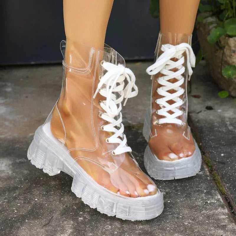 A closer look at the chunky platform sole on the stylish rain boots