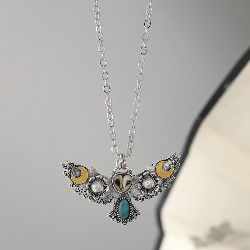 Model wearing the Quiet Watcher Owl Charm Necklace with a casual outfit