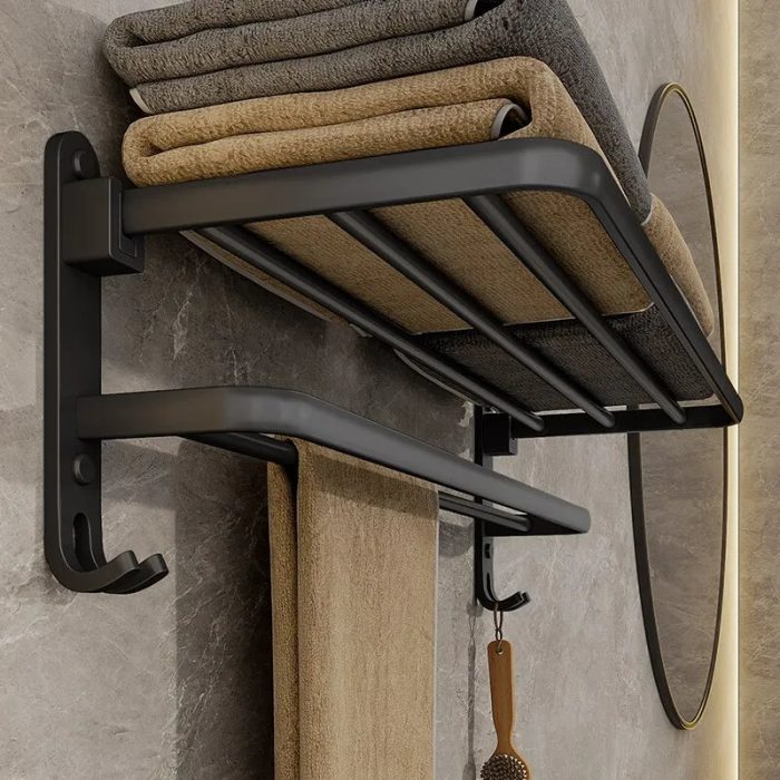 Space-saving foldable aluminum towel rack, ideal for small bathrooms