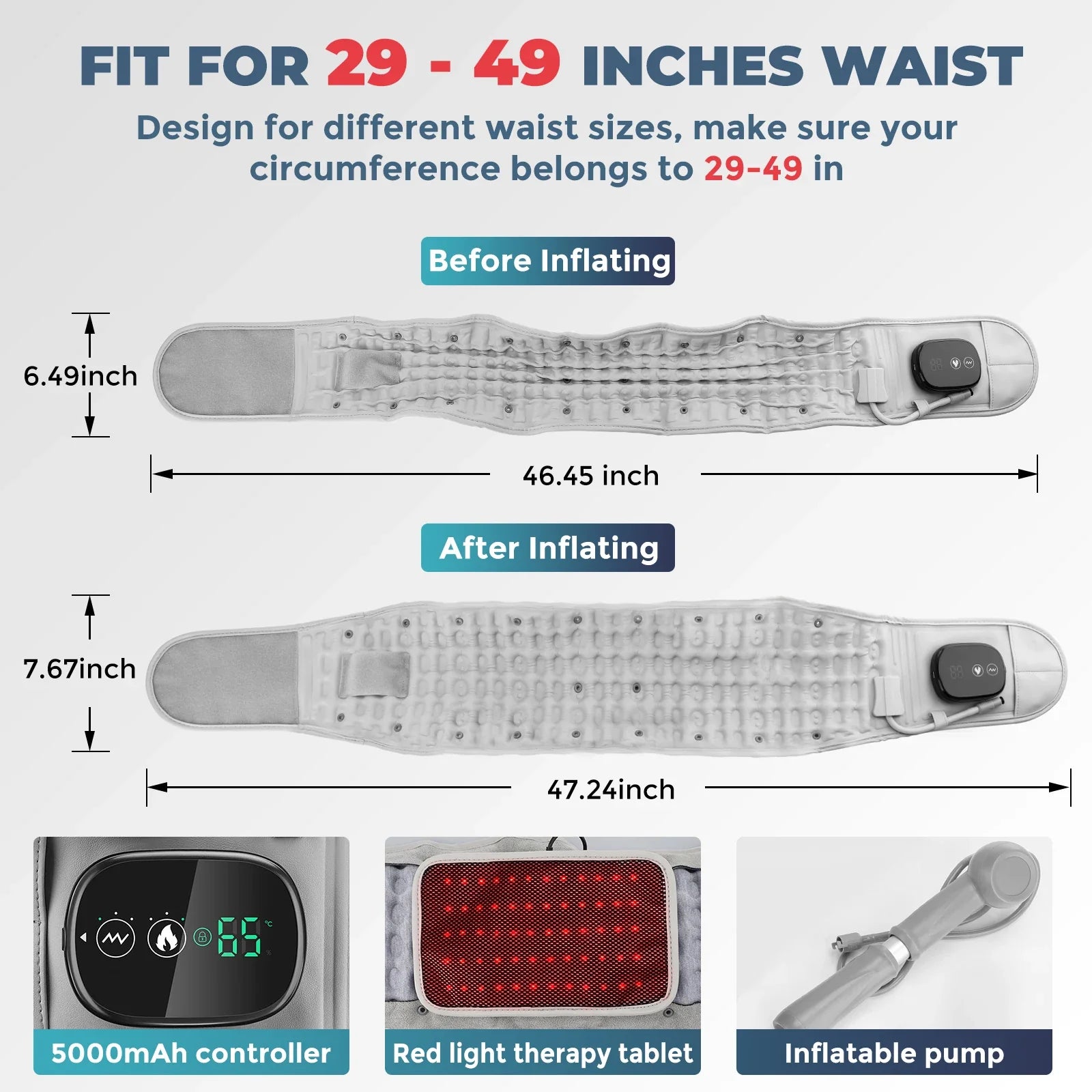 Chart displaying the three heat settings and features of the lumbar therapy belt.