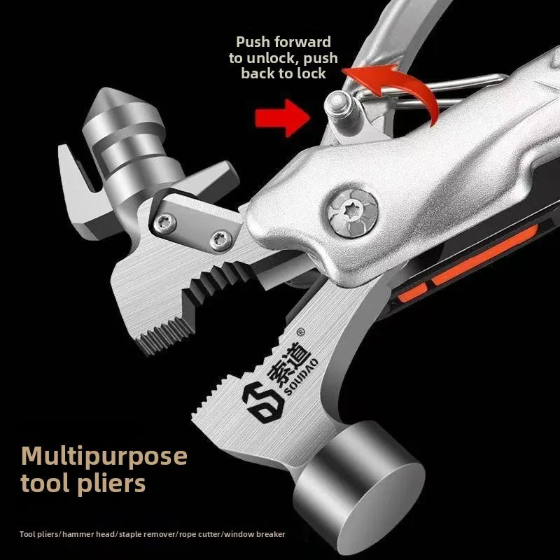 Detailed view of the various tools including the knife and saw on the Titan Strike hammer