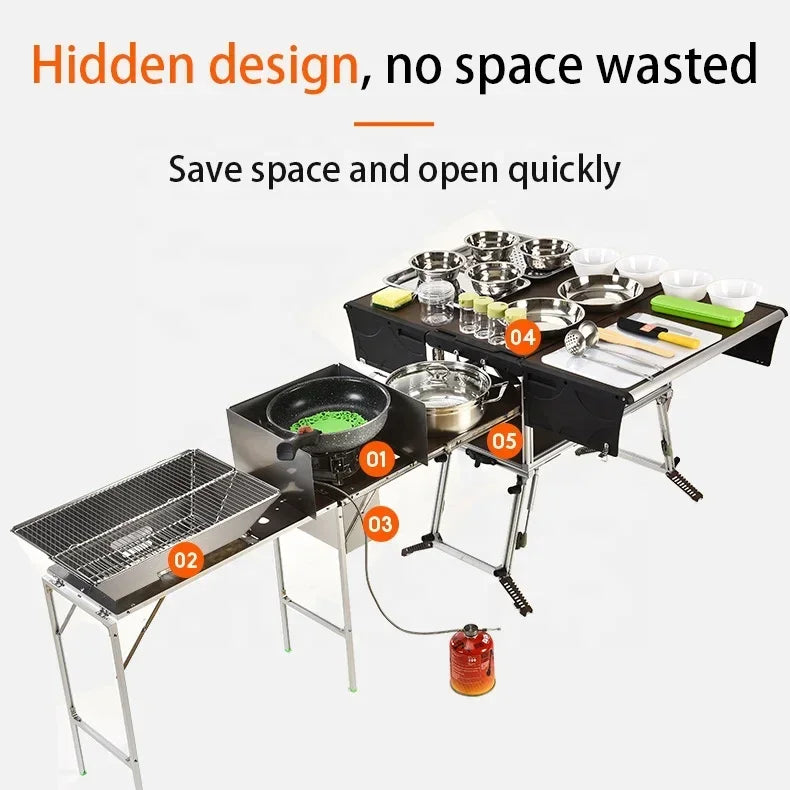 Folded down camping kitchen station in a compact briefcase form