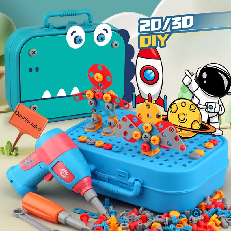 The Little Mechanic Kids Toy Set neatly organized in its portable toolbox case
