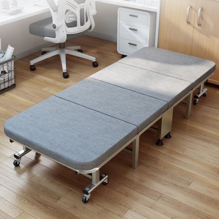 Compact foldable single bed for office lunch breaks.