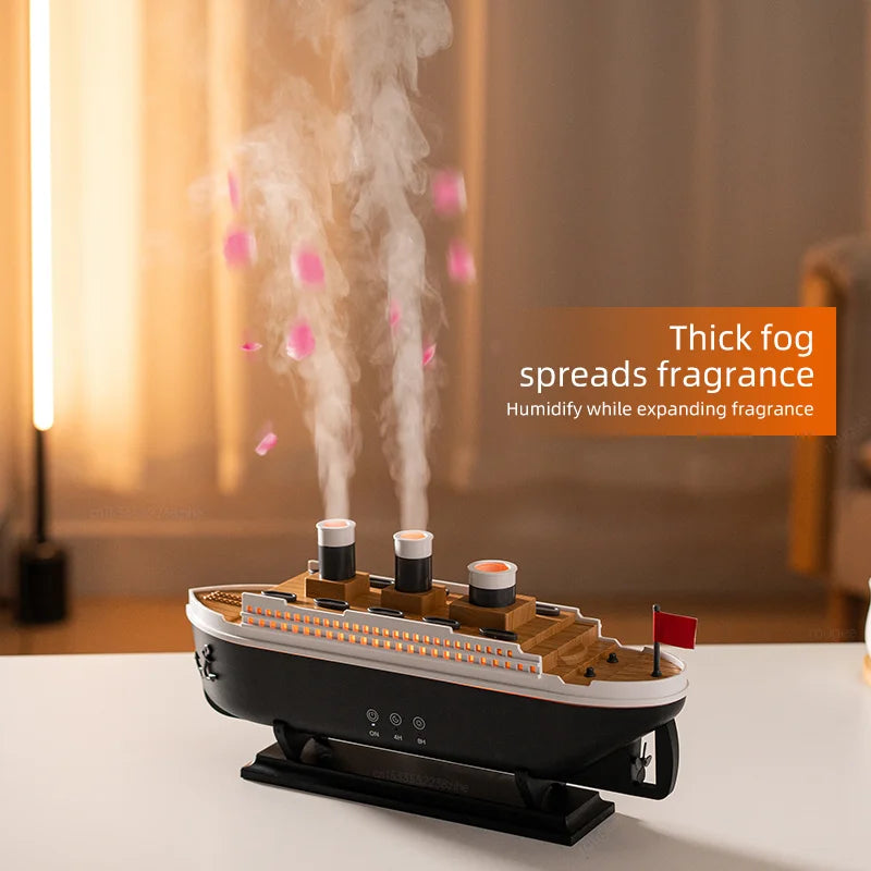 Soothing mist from the chimney of the ferry ship humidifier