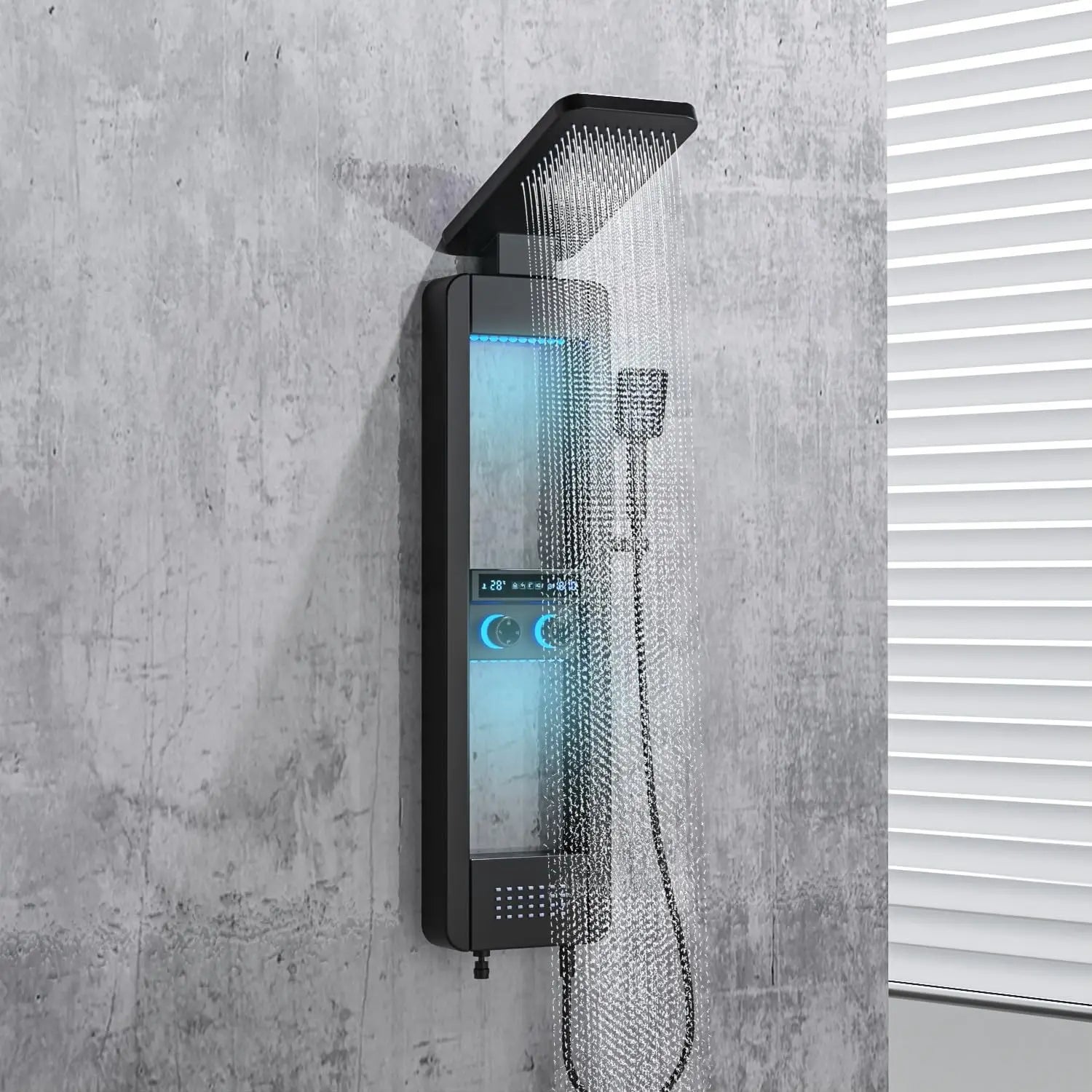 Detailed view of the brushed stainless steel finish of the shower set