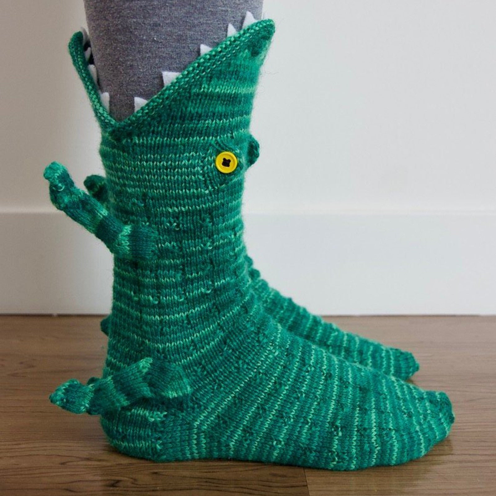 Playful Crocodile Bite Knitted Socks being worn on feet