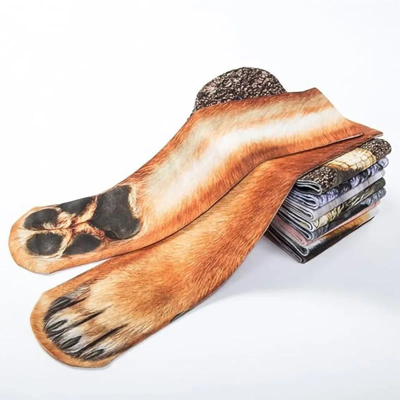 Human feet transformed into realistic animal paws with fun socks