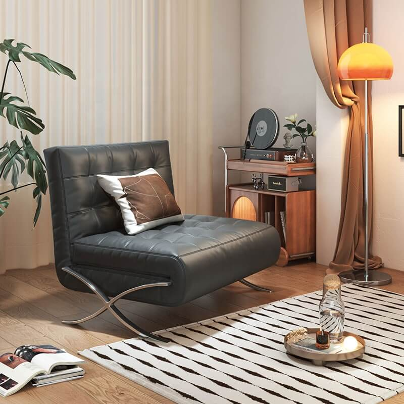 Side view of the foldable leather sofa bed showing its sleek profile