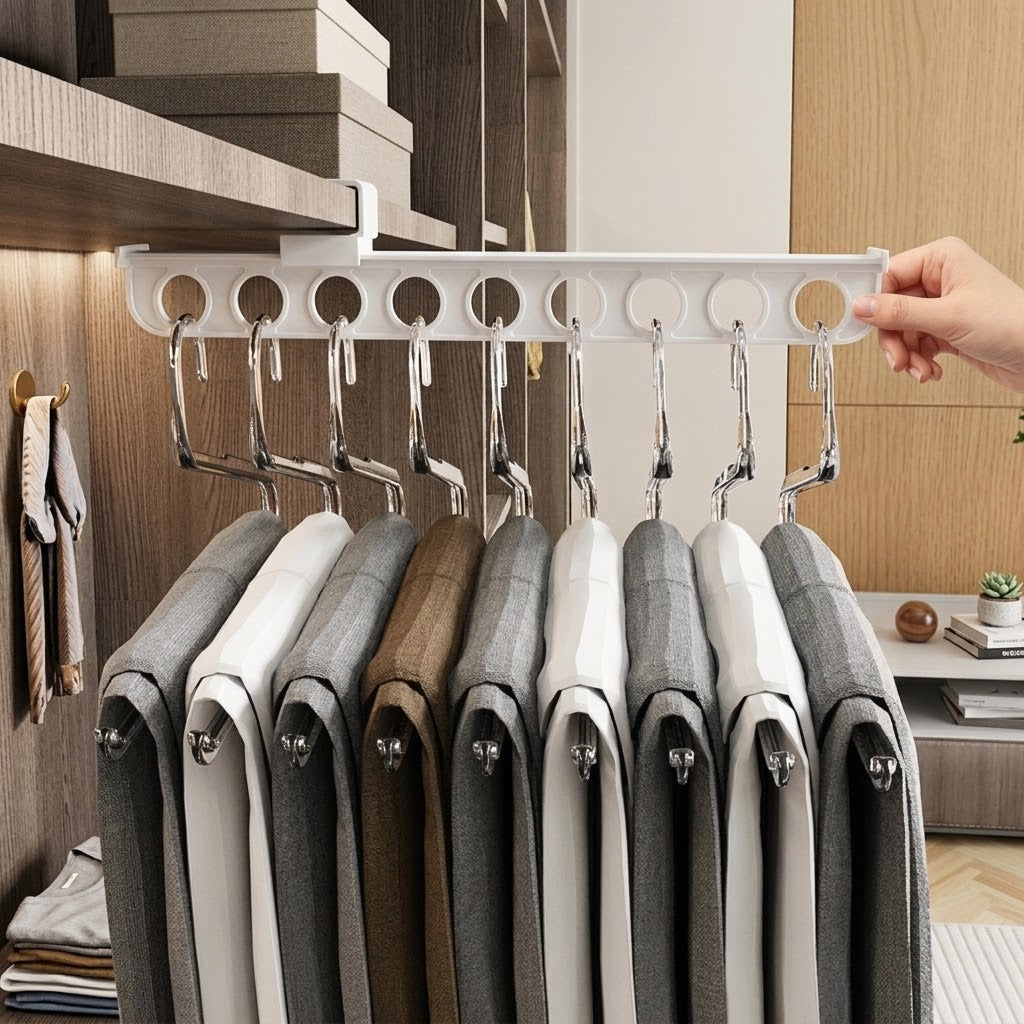 Slide Hang Retractable Closet Hanger Rack installed neatly in a modern wardrobe