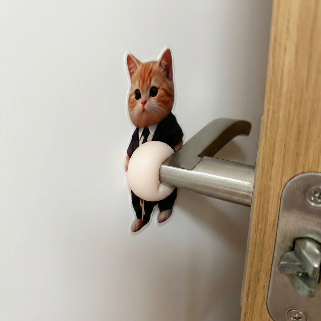 Chubby Cat Belly 3D Door Bumper Sticker protecting a wall from a doorknob