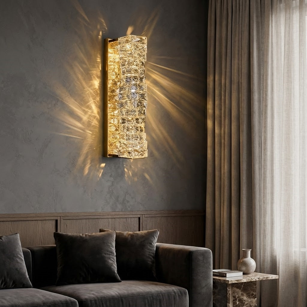 Icefall Crystal Wall Light creating an elegant glow in a modern living room