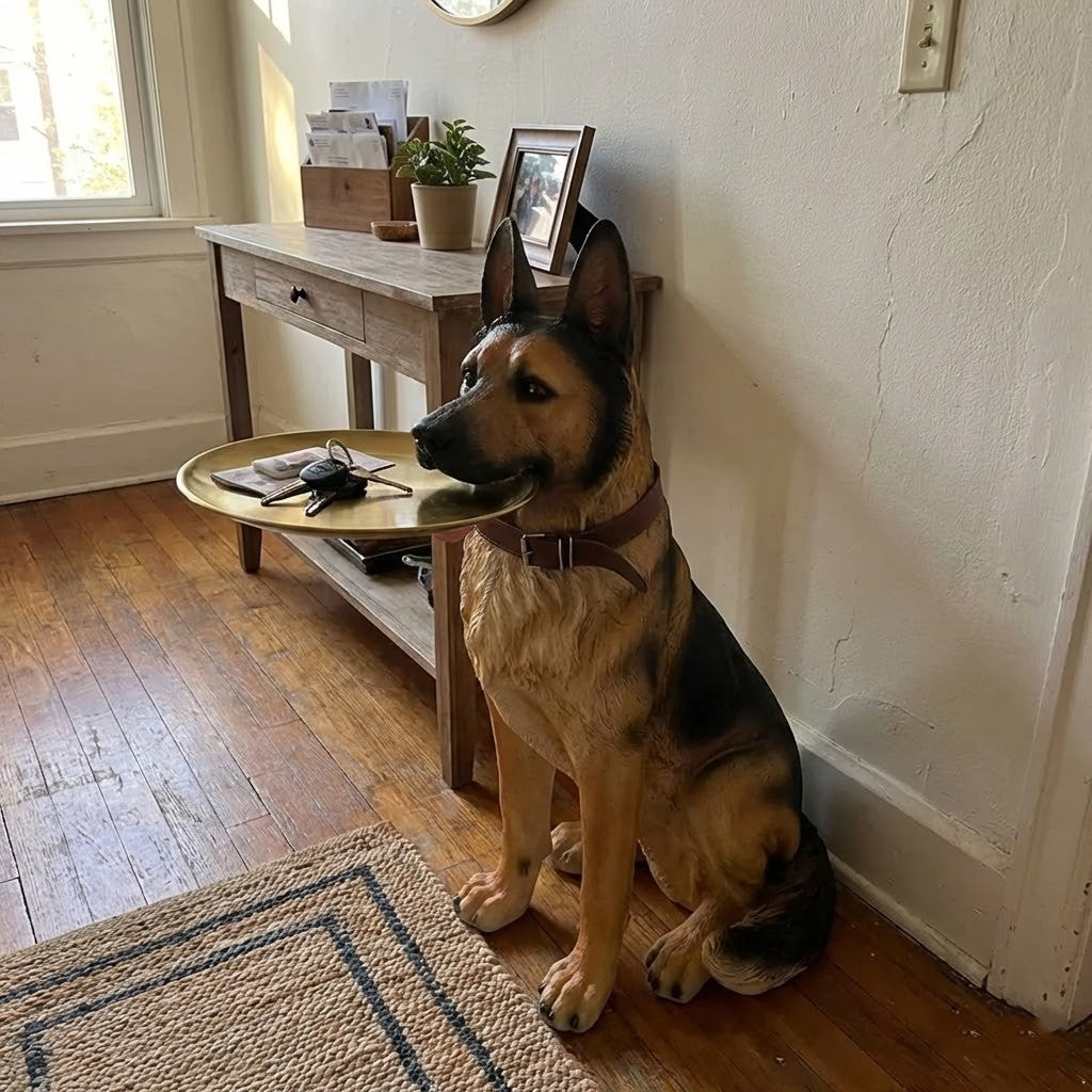 A stately German Shepherd side table sculpture holding a tray in a modern living room.