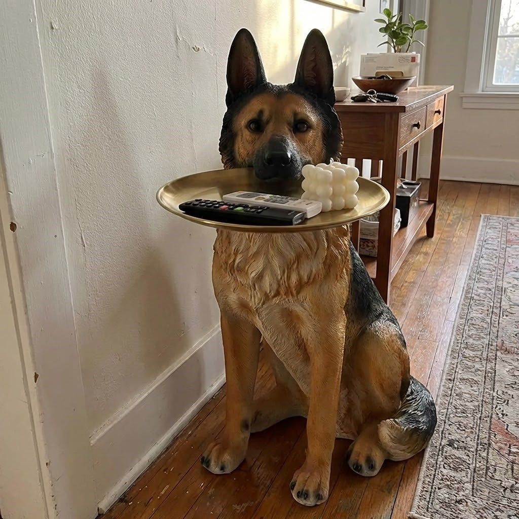 The Artsy German Shepherd side table used as a functional decor piece next to a sofa.