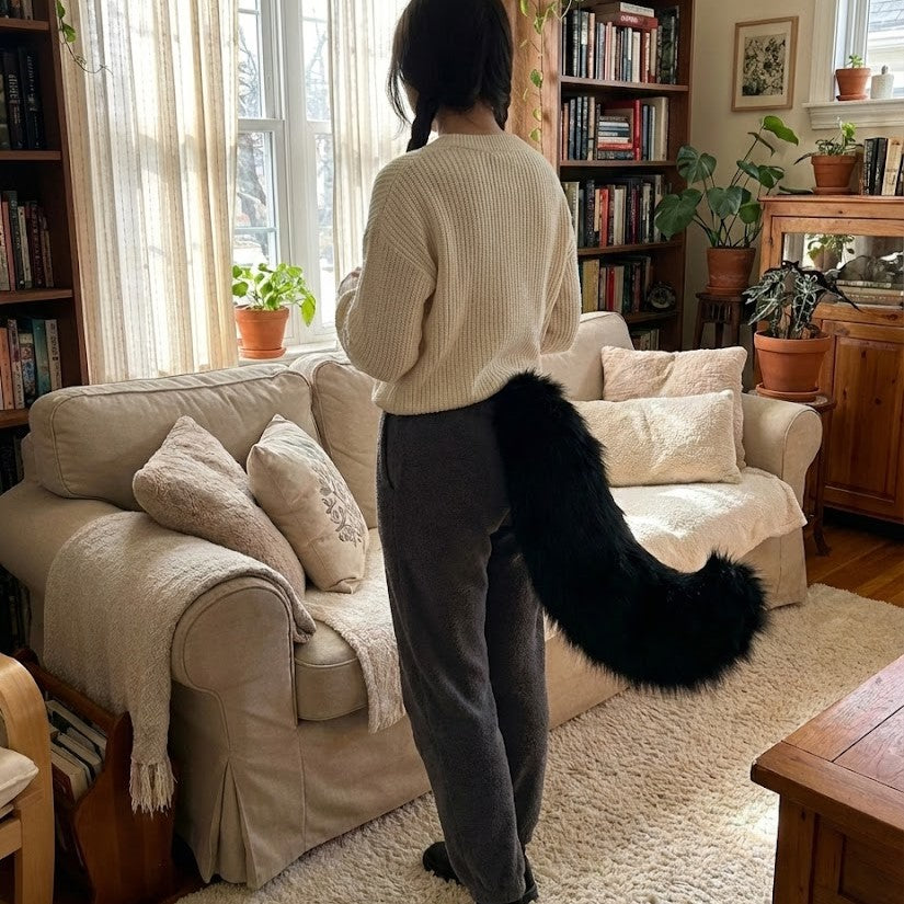 Close-up of the Fox Tail Adjustable Belt's plush faux fur texture.
