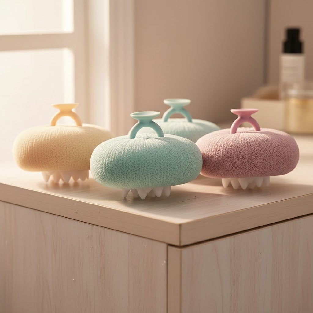 Hand holding the ergonomic sunflower massage sponge
