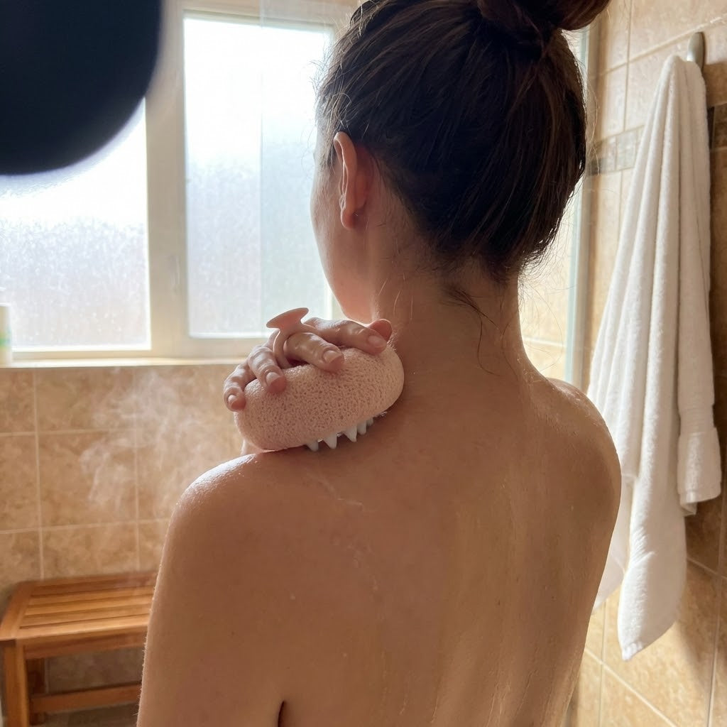 Woman using the Sunflower Inspired Shower Massage Sponge on her shoulder