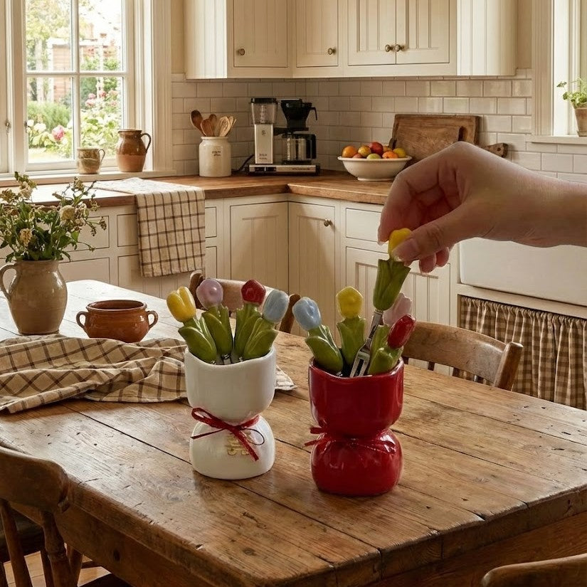 Charming Tulip Bloom Dessert Fork Set in its ceramic vase holder
