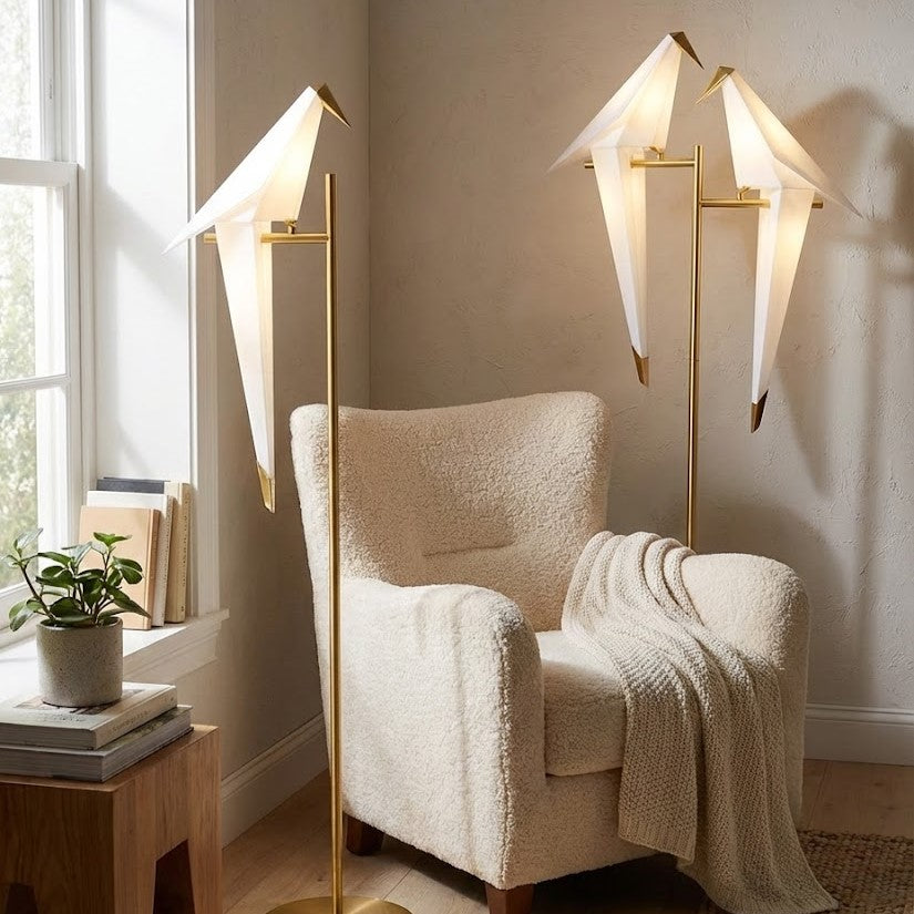 Elegant origami bird lamp in a modern living room setting