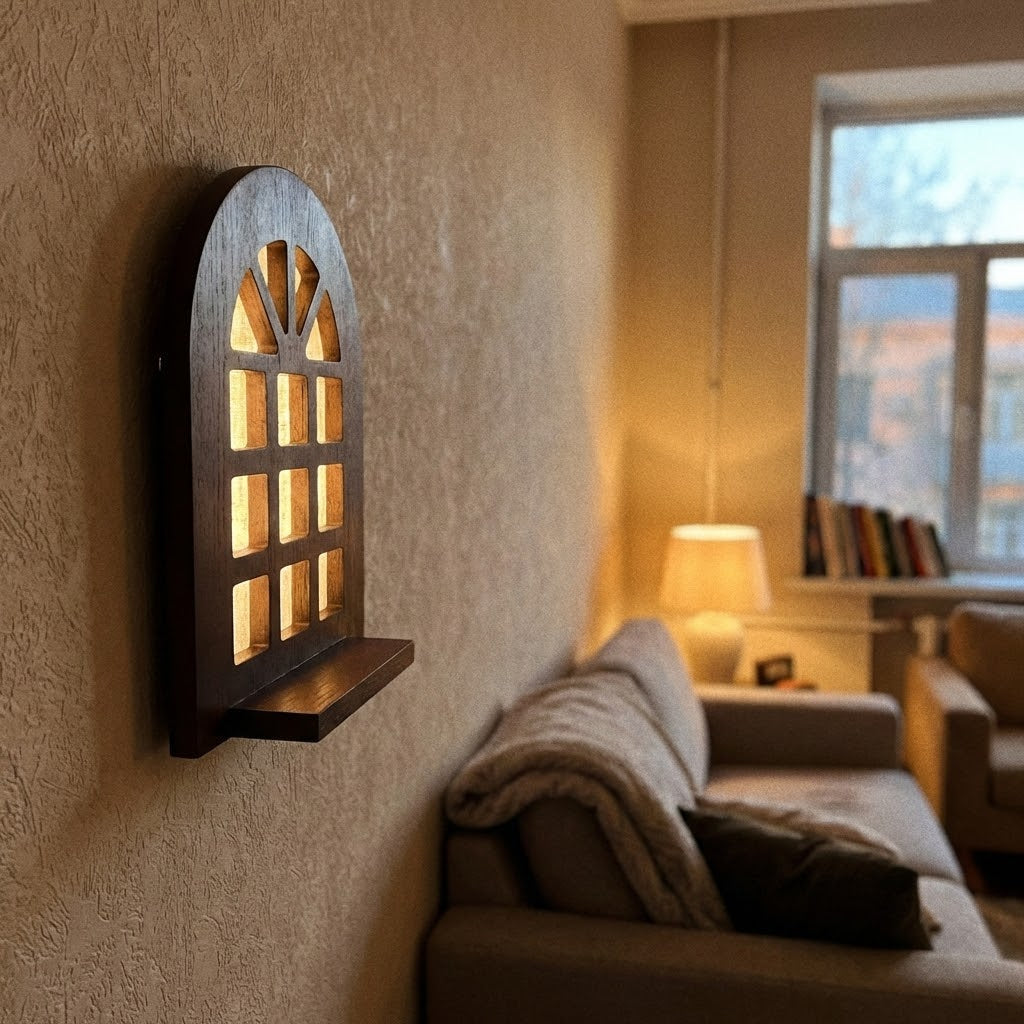 Japanese Style Arched Window Wall Lamp creating a cozy glow in a bedroom
