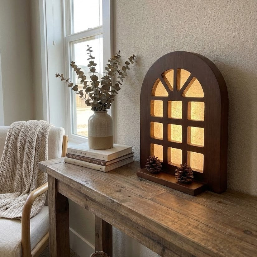 Close-up of the solid wood frame on the minimalist wall lamp