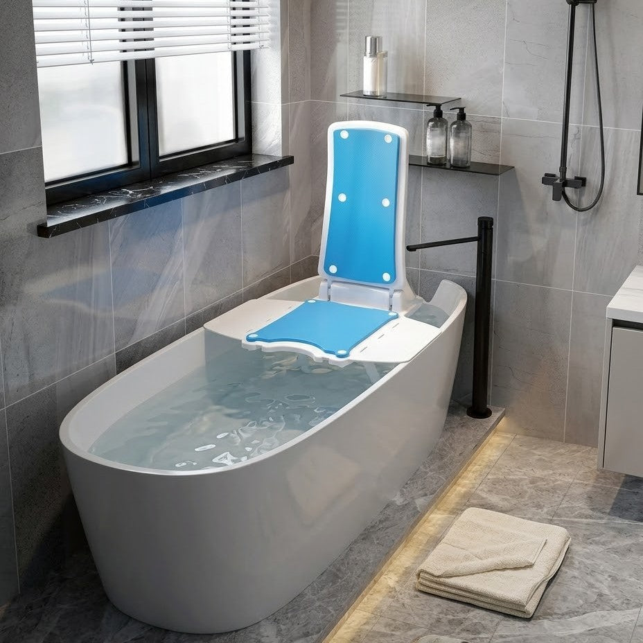 Electric bath transfer chair providing safe tub access for seniors