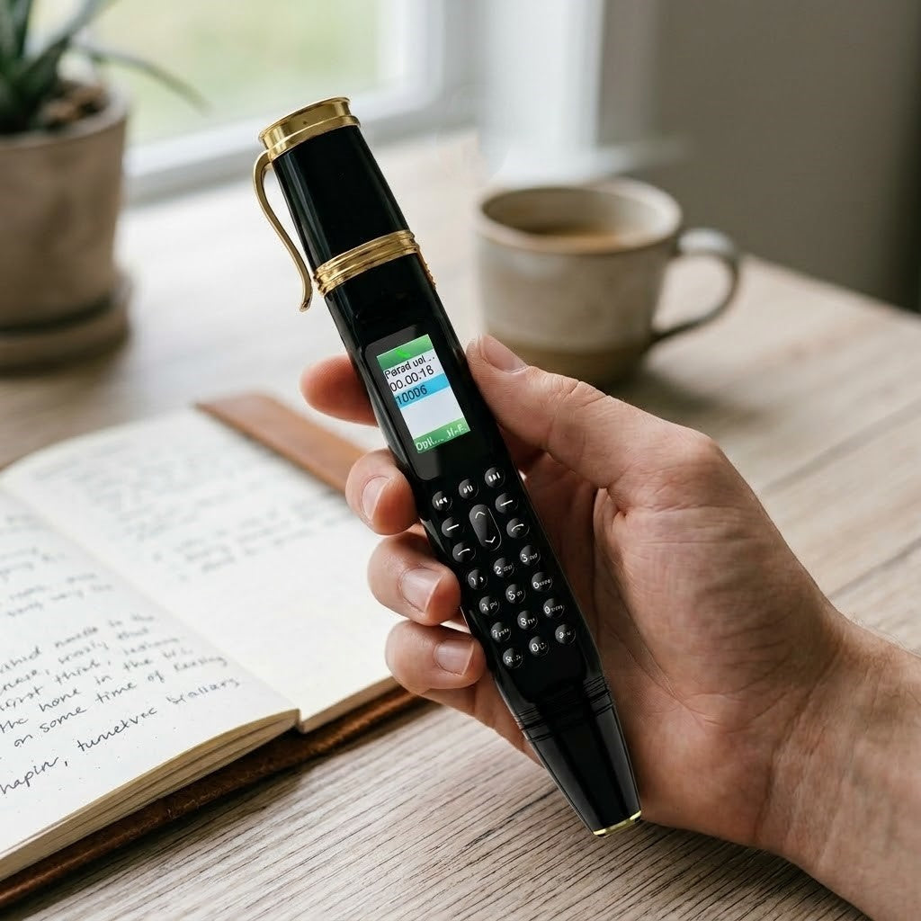 SpyLine Ultra Slim Pen-Shaped Mobile Phone held in hand displaying its screen