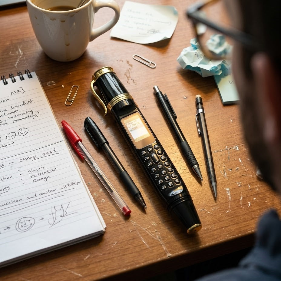 Close-up of the pen phone's keypad and screen functionality