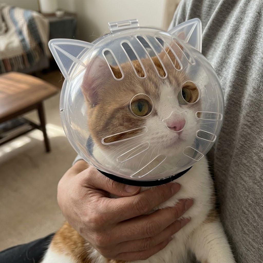A cat wearing the unique Bubble Cone Transparent Cat Recovery Groom Helmet