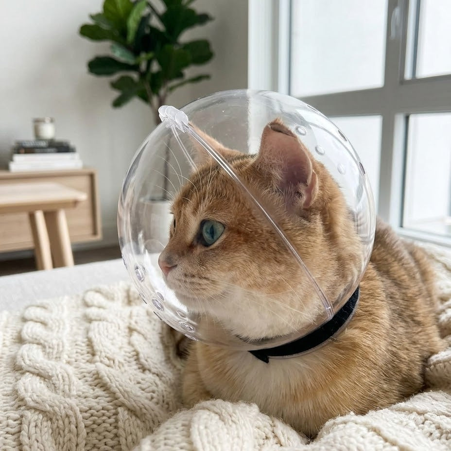 Side view of the cat grooming helmet showing ventilation holes