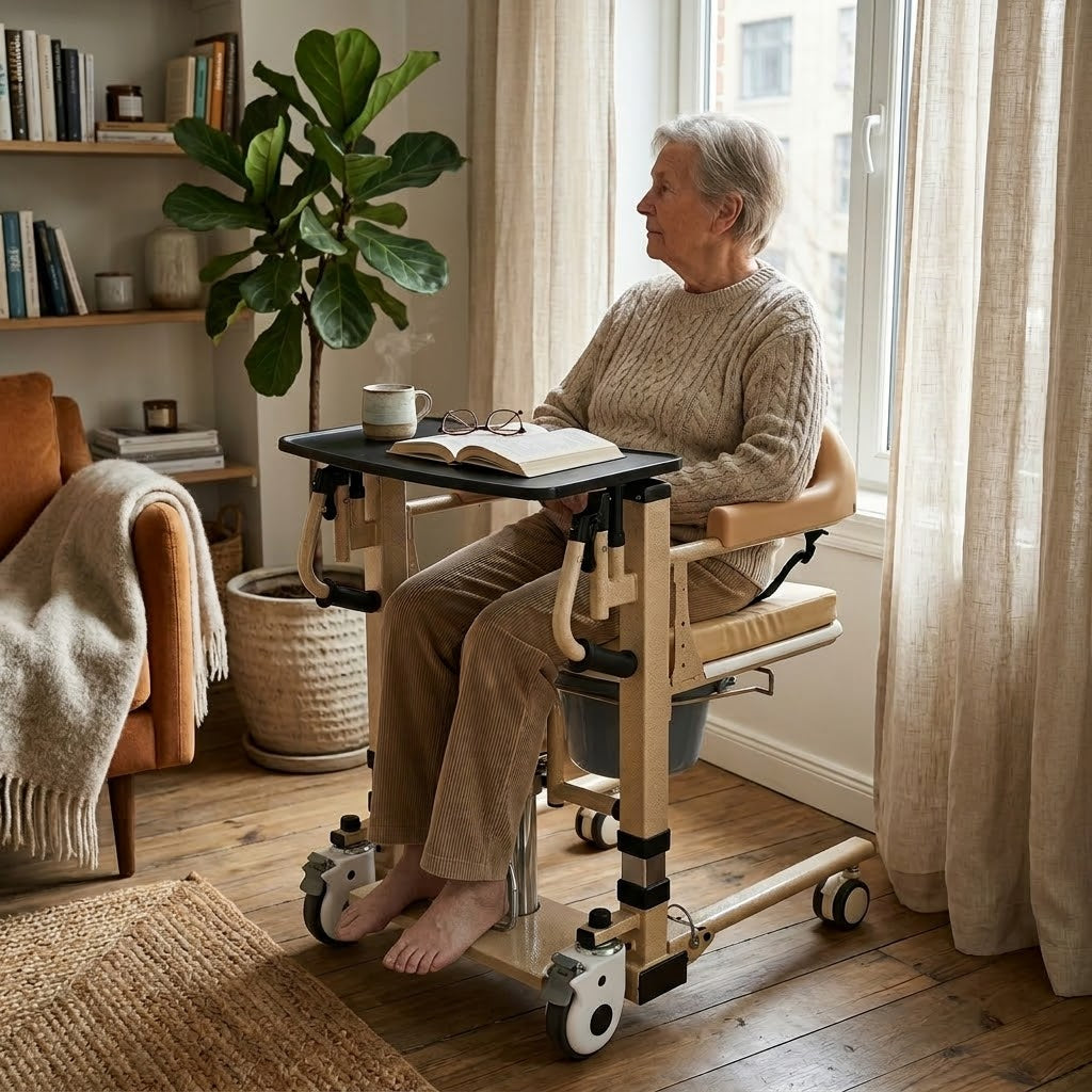 Close-up of the foot pedal lifting mechanism on the patient transfer wheelchair