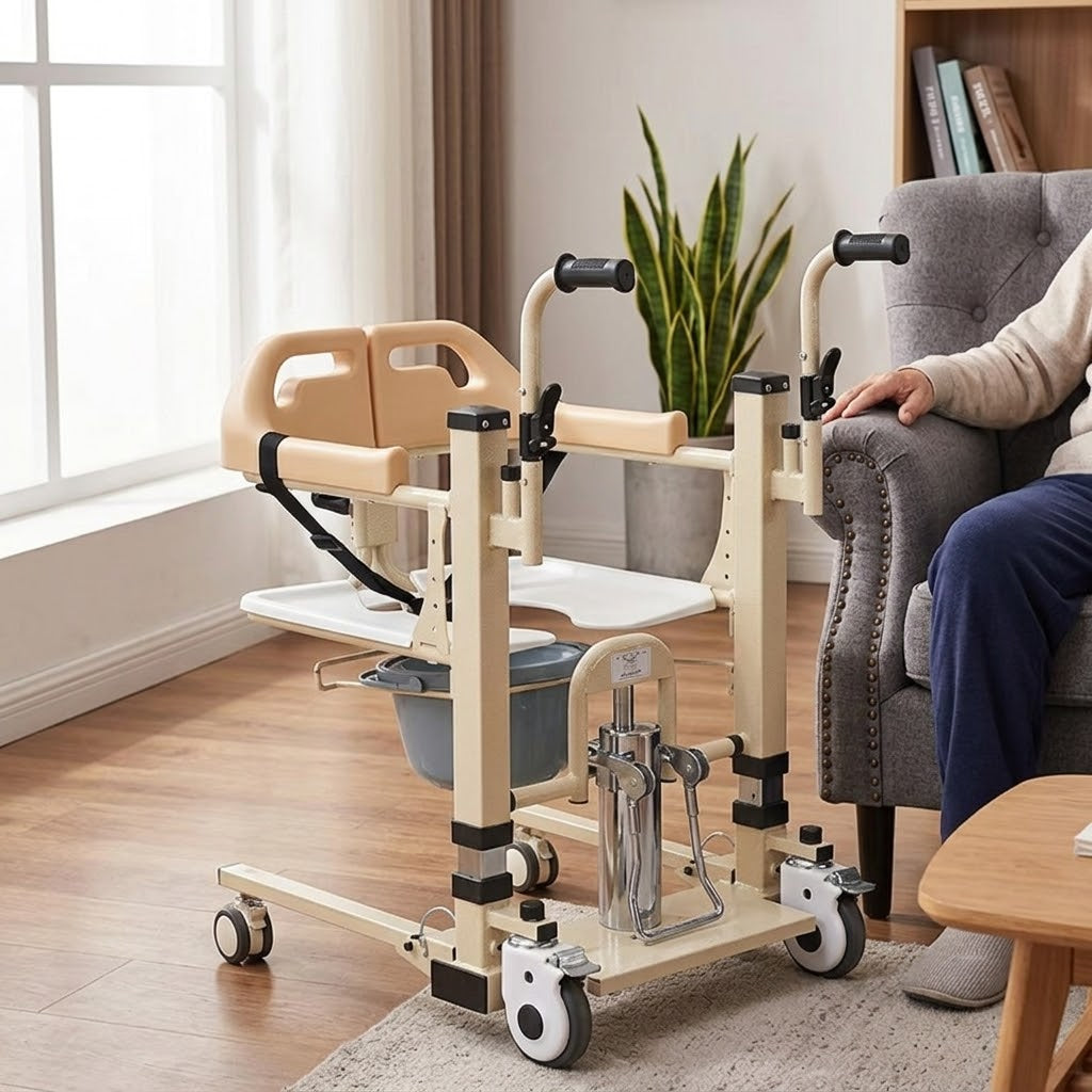 The transfer wheelchair with the commode bucket feature visible