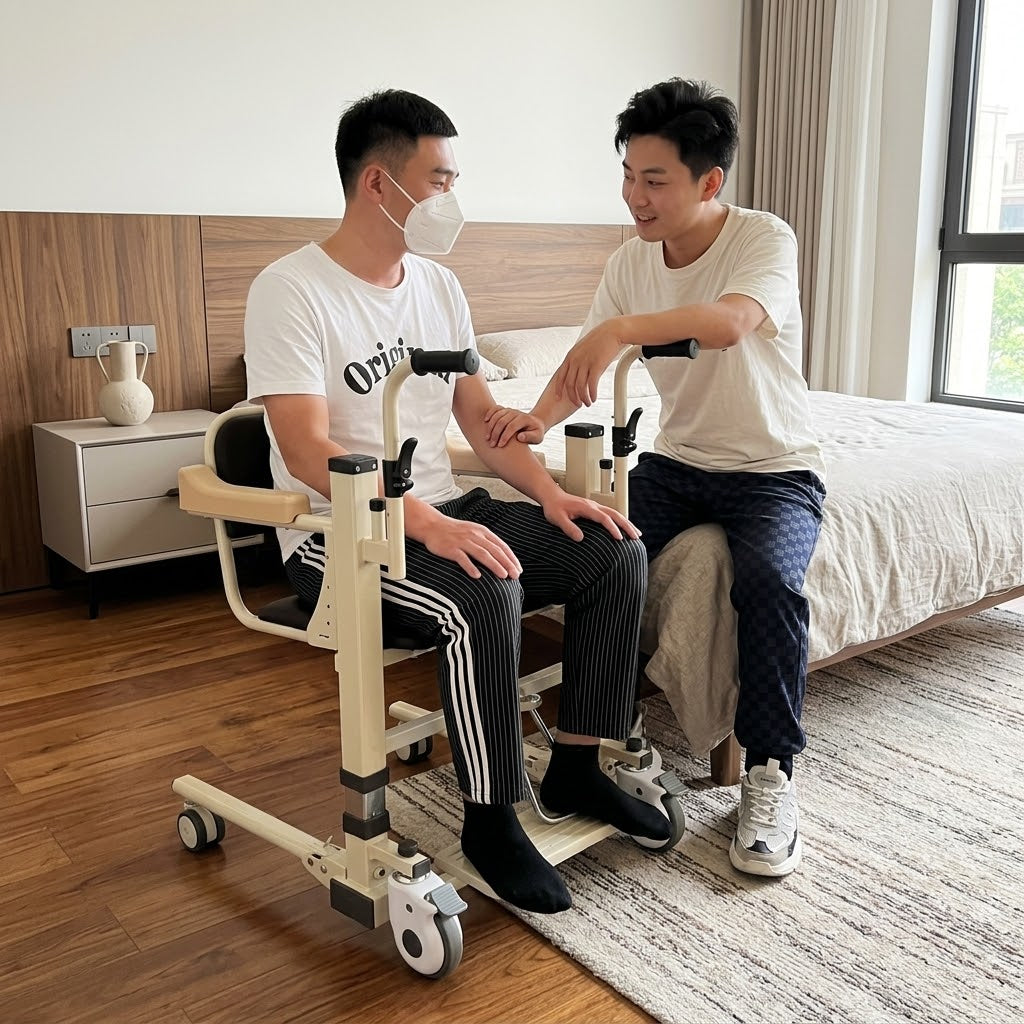 Demonstrating the transfer wheelchair's easy maneuverability on smooth floors